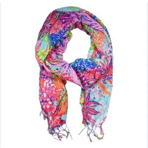 Lilly Pulitzer Scarf Womens One Size Multicolor Silk Cashmere Floral Tassel